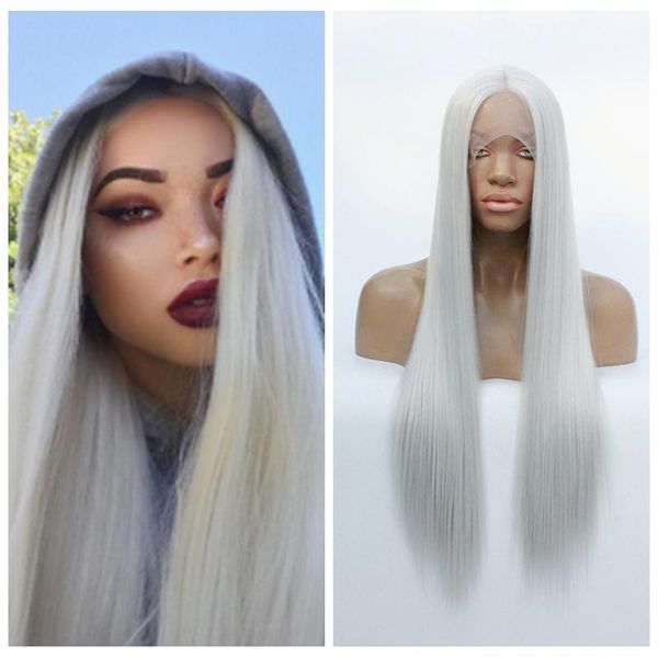 

synthetic wigs lace front wig long straight heat resistant fiber for women natural hairline white gray, Black