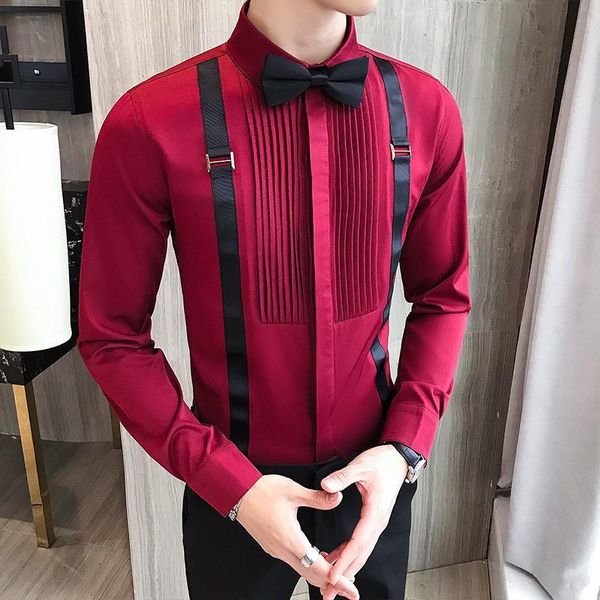 

men's casual shirts autumn long sleeve s dress front strap design slim fit bowtie night club party tuxedo 9v68, White;black