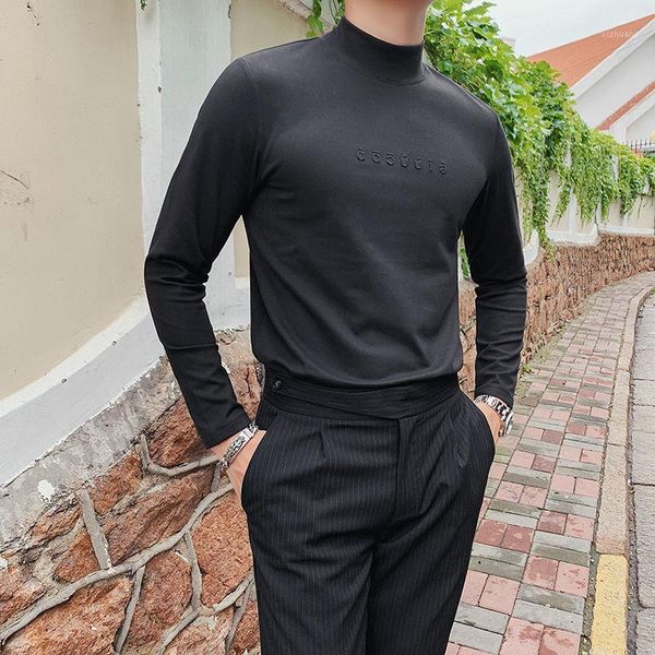 

men's t-shirts autumn winter mens half-high collar thick t-shirt british casual double-sided velvet long sleeve solid color basictshirt, White;black