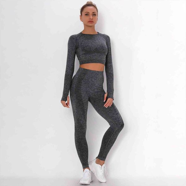 

2pc tracksuit high waist women legging spring gym long sleeve fitness sets plus size sports wear workout set clothes, Black