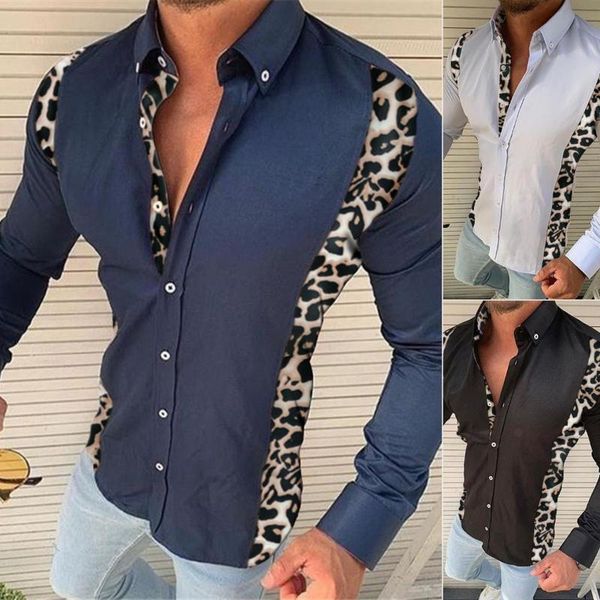 

men's casual shirts men clothing 2021 autumn slim simple long-sleeved printed leopard shirt camisas para hombre, White;black