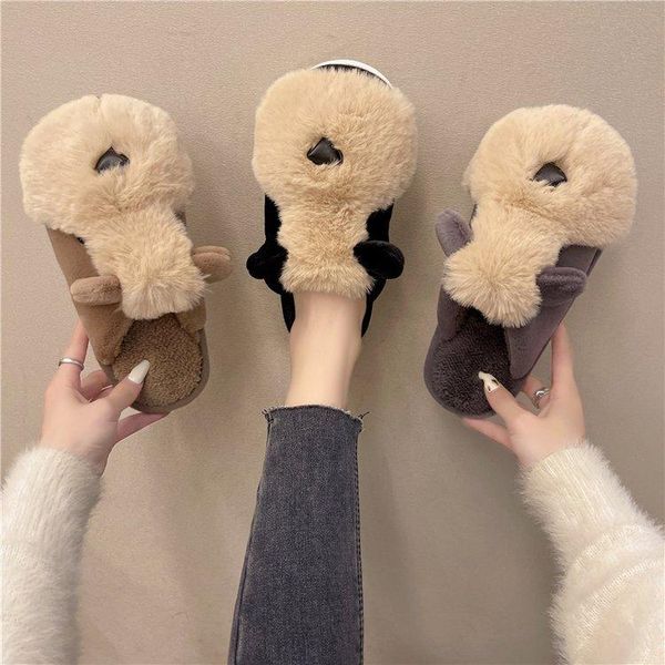 

slippers flock rubber women luxury shoes cover toe low slides lady winter footwear pantofle designer massage girl 2021 hoof heel, Black
