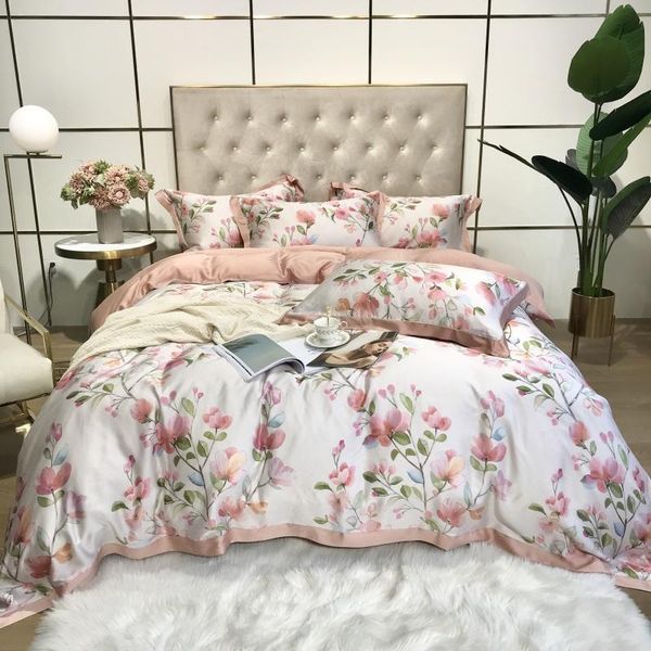 

bedding sets luxury 100s tencel silk soft breathable forest floral printing set double duvet cover bed linen fitted sheet pillowcases