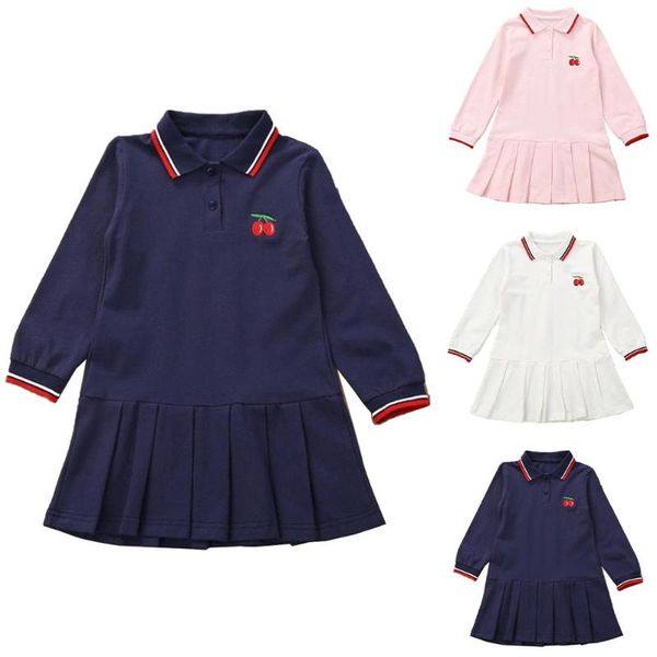 

girl's dresses soild color long sleeve shirt-dress baby girls fruits embroider midi dress kids loose ruffle, Red;yellow