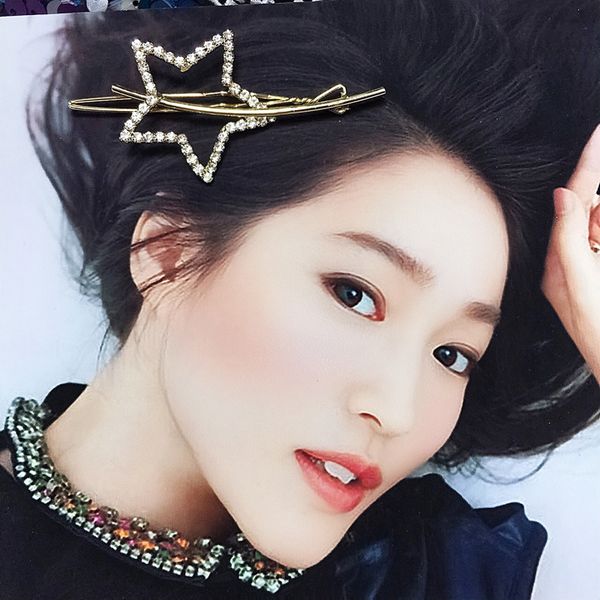 

fashion five pointed long crystal shining star hairpin, Golden;silver