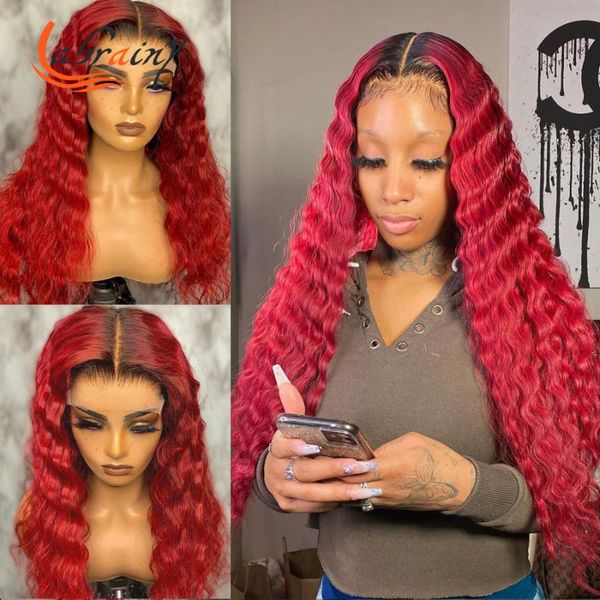 

highlight 99j red hd transparent lace frontal human hair wigs curly burgundy front wig pre plucked bleached knots13x6x1, Black;brown