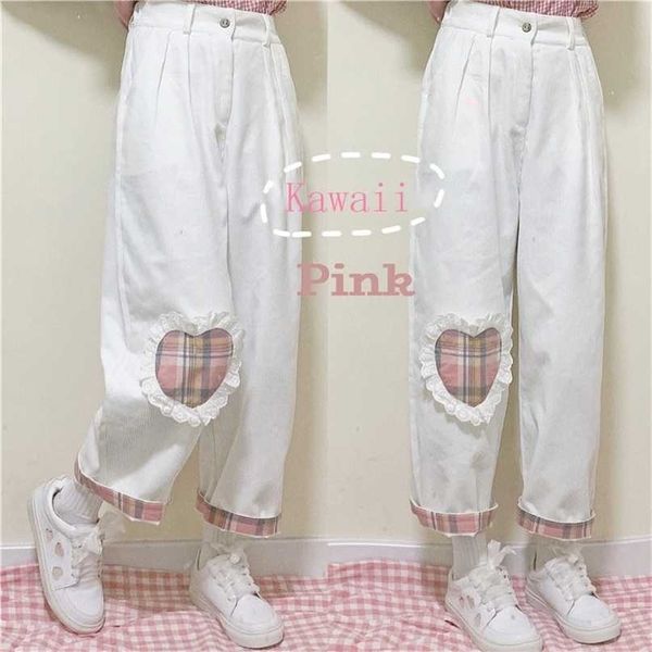 Giapponese Harajuku Wild Carino Soft Soft Casual Corduroy Kawaii Pantaloni dritti Teenager Girls Love Heart Patch Studenti sciolti 211115