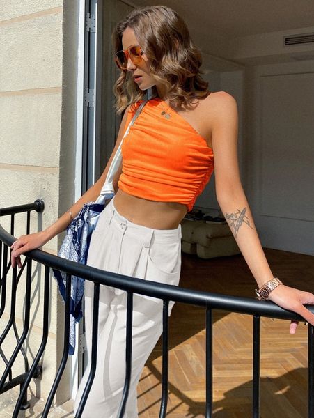 

sollinarry neon orange one shoulder ruched crop e7yk#, White