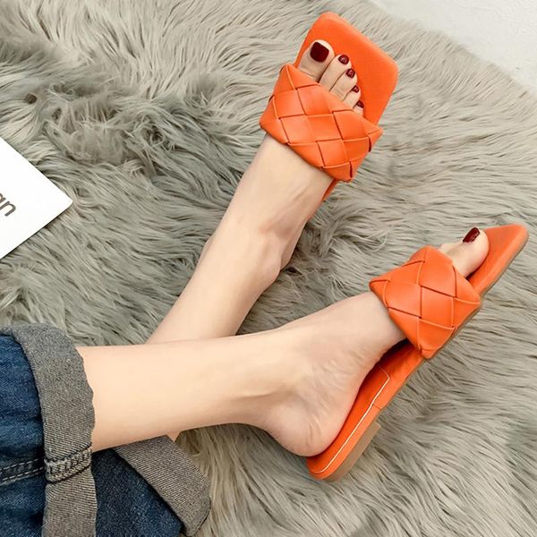 

slippers fashion weave leather beach slides women summer comfort soft flat sandals square toe flip flops mujer shoes size 35-40, Black