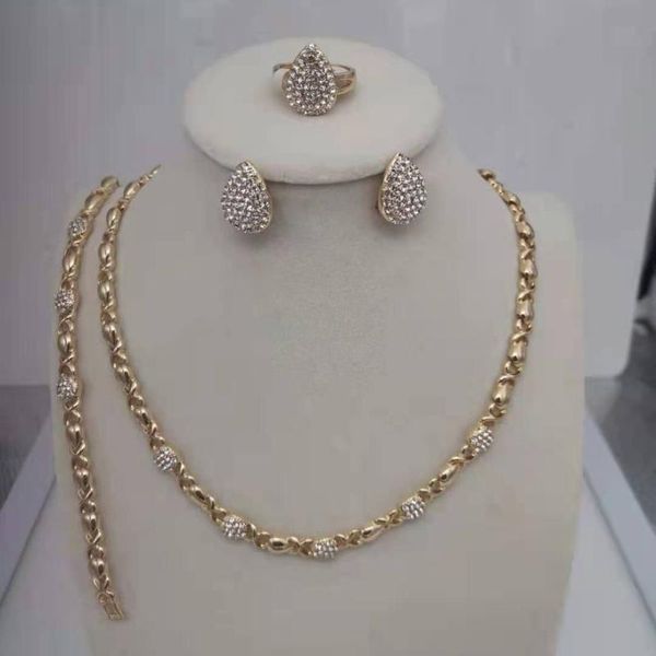 Brincos colar de preço incrível conjuntos de jóias africanas anel de cor de ouro anel de casamento gotas de cristal mulheres conjunto de jóias moda