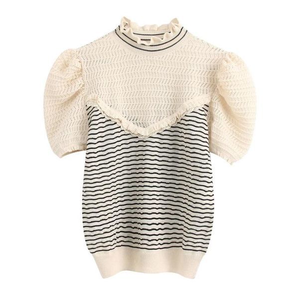 

women's sweaters turtleneck puff sleeve women striped splicing knitting sweater 2021 fashion leisure lady pullover loose, White;black