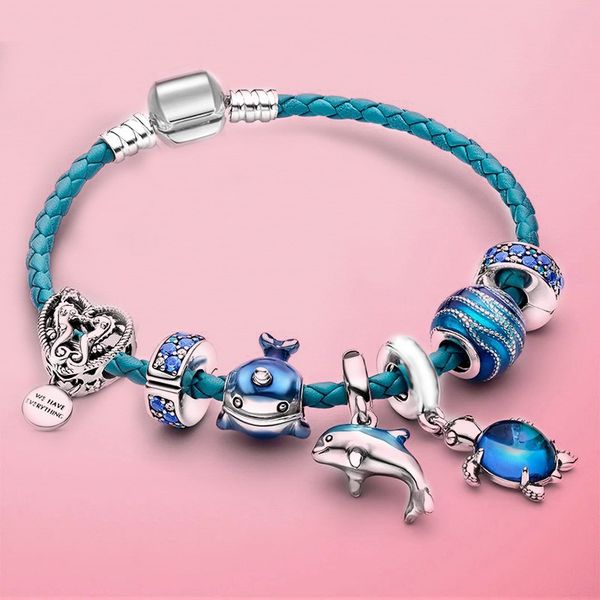 

925 sterling silver lake blue charm bead fit european pandora bracelets for women charm narwhal dangle genuine leather chain fashion jewelry, Golden;silver