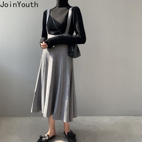 

joinyouth fashion women skirts 2021 spring korean clothing pleated faldas sweet knitted solid high waist slim fit jupe 7a700, Black