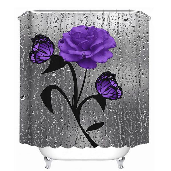 

water purple flowers print bathroom curtains set flower butterfly leaf shower curtain non-slip rug toilet cover and bath mat