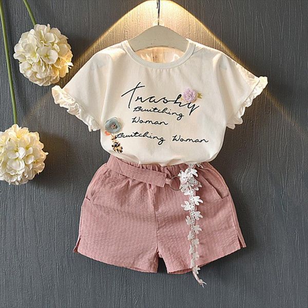 

summer girls clothing sets childrens girl short sleeve t shirt pant 2pcs lace flower clothes suits 3 7 years, White
