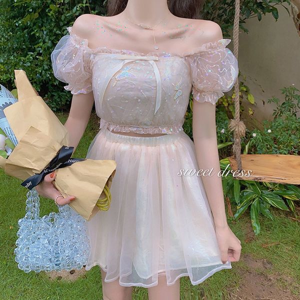 

two piece dress 2021 summer sweet set women outfits sequins bow crop + mesh mini skirts sets korean cute 2 suits u7o1, White