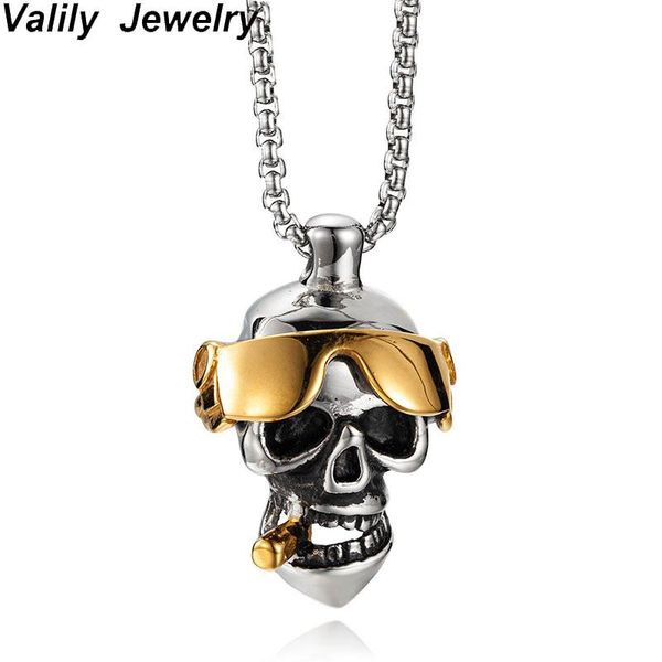 

valily men's punk skull necklace stainless steel gold-color glasses cigarette butts skeleton pendant necklaces jewelry for man chains, Silver
