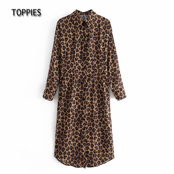 

fashion leopard printing dress woman midi long sleeve tunic turn down collar female clothes 210421, Black;gray