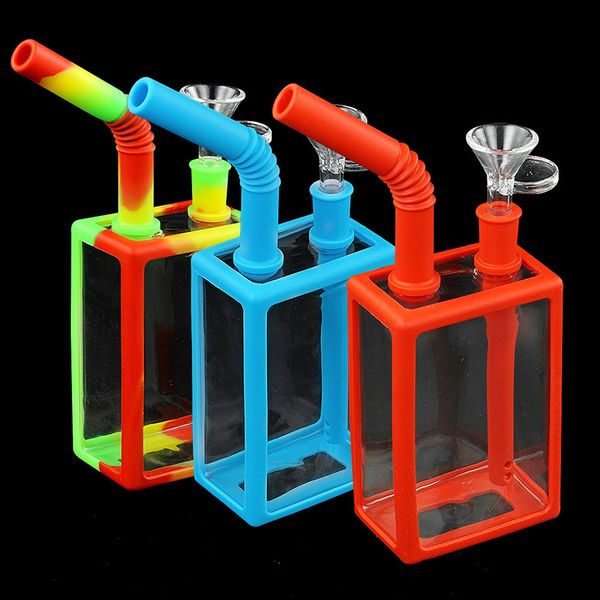 Напитка коробки водопроводной трубы силиконовые курительные трубы со стеклянными чашами Портативные и прочные цвета Дополнительные установки DAB BONG BONGS оптом