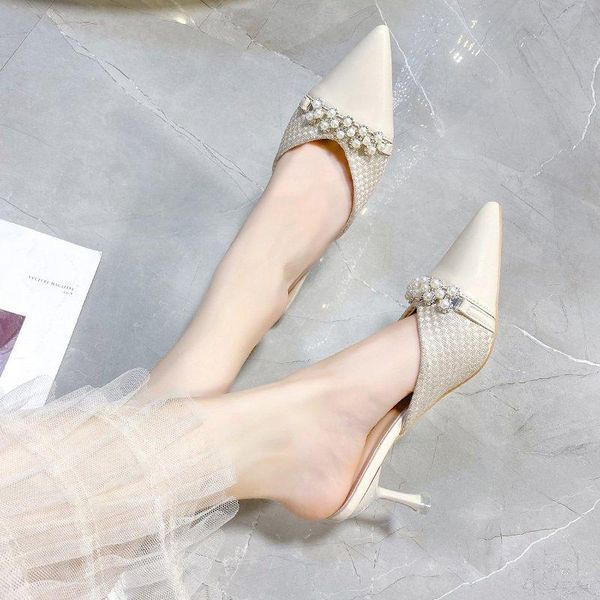 

slippers mules shoes women stiletto heel pearl pointed toe summer outdoor elegant closed sandals, Black