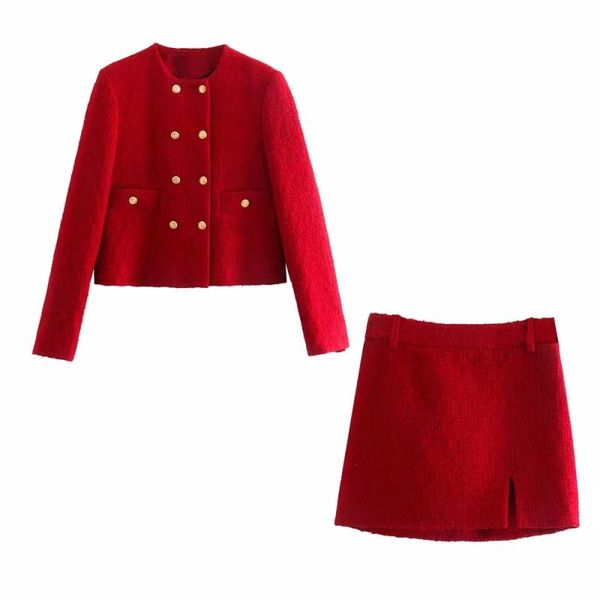 

two piece dress women autumn fall solid red casual o neck long sleeve double breasted jacket side split mini skirt chic lady fashion sui, White
