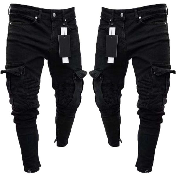 

men's jeans goocheer long pencil pants ripped slim spring hole fashion multi-pocket skinny men elasticity hiphop trousers, Blue