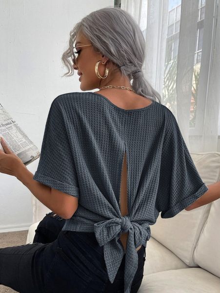 

tie back dolman sleeve waffle knit tee 56oj#, White