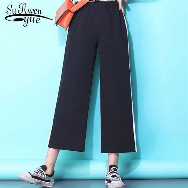 

fashion casual plus size women pants loose high waist side strip pant wide leg calf-length 5178 210421, Black;white