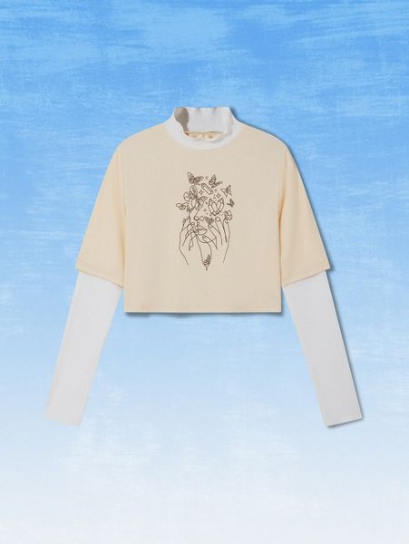 

romwe x linehome 2 in 1 butterfly & hand graphic crop tee y2fx#, White