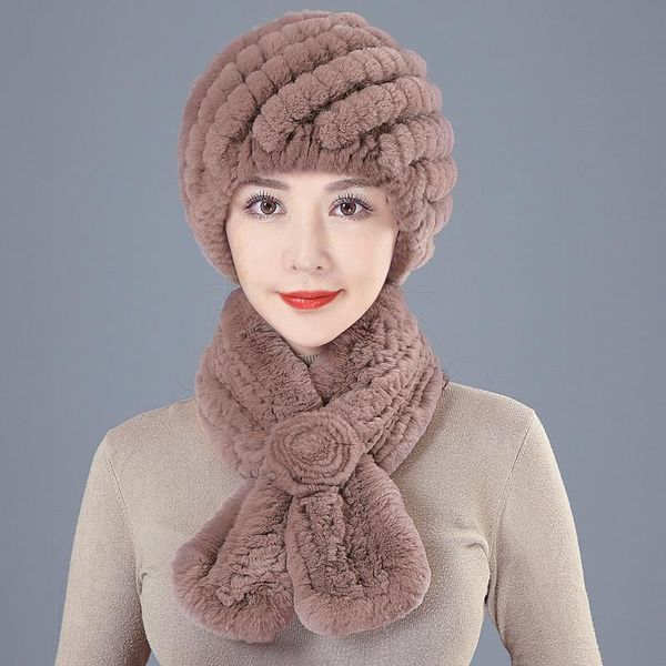 

beanies style lady knit fur hats muffler 2 pieces women warm rex hat scarf sets winter natural cap scarves