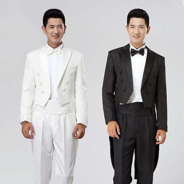 

men's classic black white shiny lapel tail coat long tailcoat tuxedo wedding groom stage singer 2 piece formal dress suits & blazers, White;black