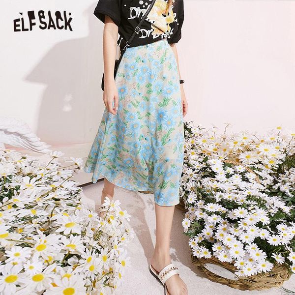 

skirts elfsack daisy floral high waist casual women midi vintage skirts,2021 summer elf ,korean ladies basic daily bohemia bottom, Black