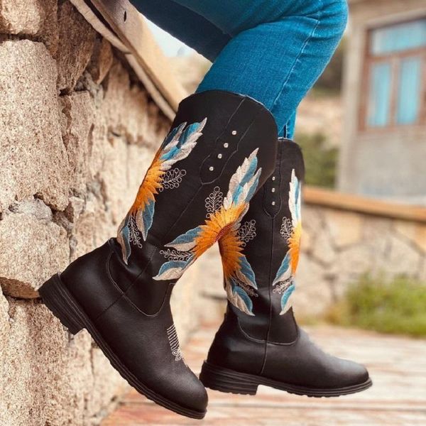 

boots cowboy pu leather embroidery low heels women shoes autumn winter platform vintage ladies western riding, Black
