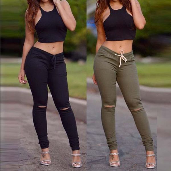 

women's pants & capris autumn fashion casual women brand vintage high waist skinny slim ripped pencil hole female girls trousers, Black;white