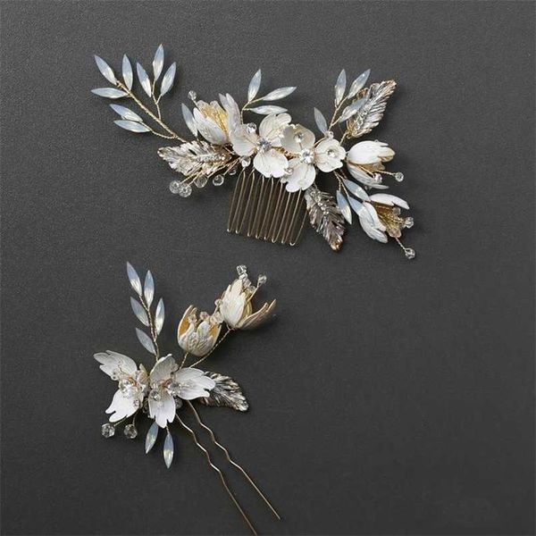 

opal crystal hair comb pin vintage gold hairpin flower leaf headpiece headdress bride wedding jewelry bridal accessories m200 211019, Silver