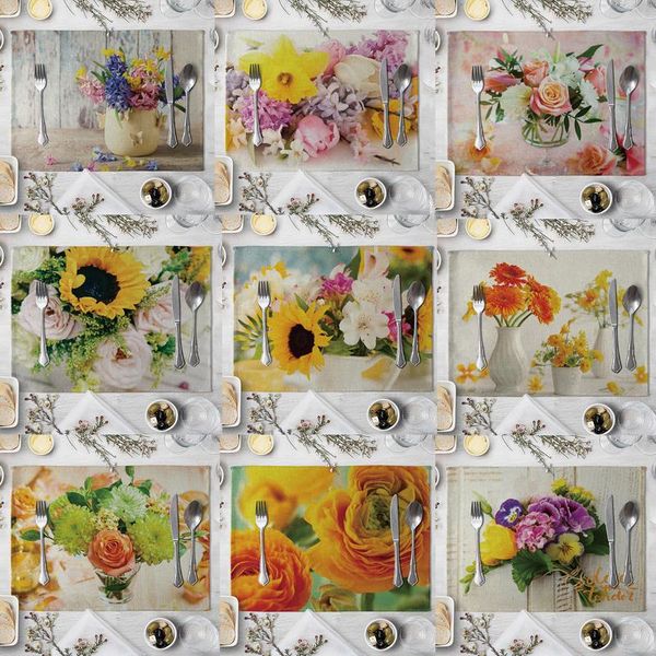 

mats & pads flower pattern placemat dining table mat drink cotton linen rose sunflower bowl cup kitchen accessories