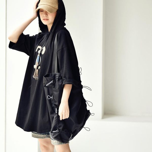 

leisure art fashion cartoon printing joining together hooded in the long t-shirts with three-quarter sleeves women's t-shirt, White