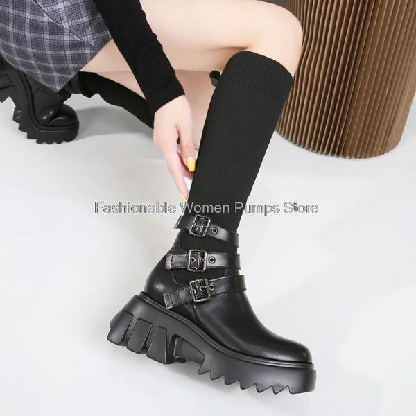 

boots women sock black booties thick-soled platform shoes stretch buckle knight big size 34-43 female autumn winter