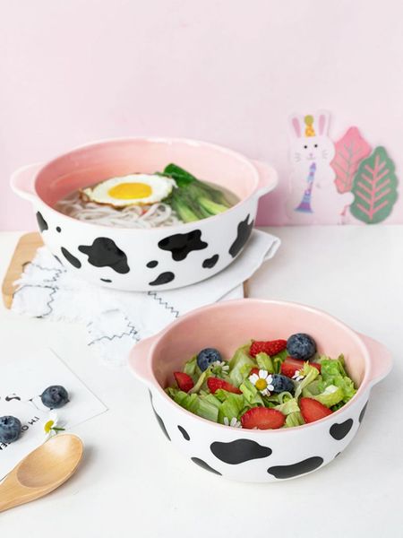 

instant noodles tableware dining room salad ceramic bowl portable binaural design cow pattern bowls