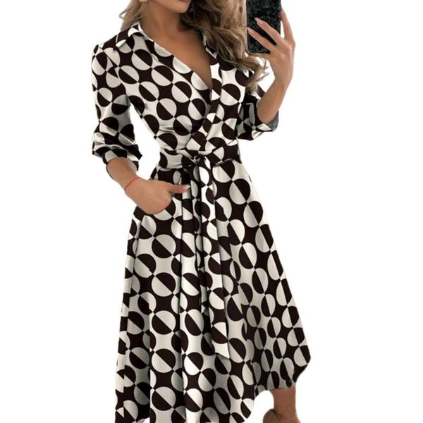 

casual dresses women 3/4 puff sleeve lapel faux wrap v-neck long dress letters print belted high waist pockets pleated flowy, Black;gray