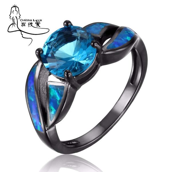 

plated precious blue black opal & crystal rings wholesale jewelry for men women gift evening party finger, Silver