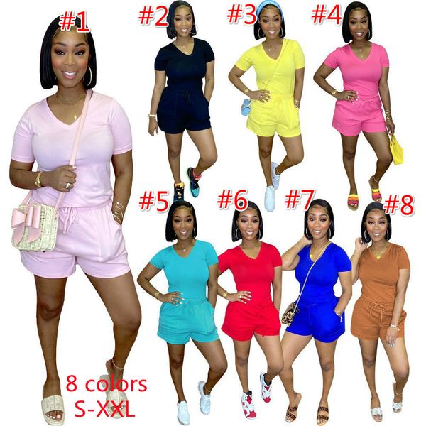 

women sports tracksuits summer two pieces pants sets short sleeve v-neck t-shirt shorts with pocket plus size ladies jogger suits, Gray