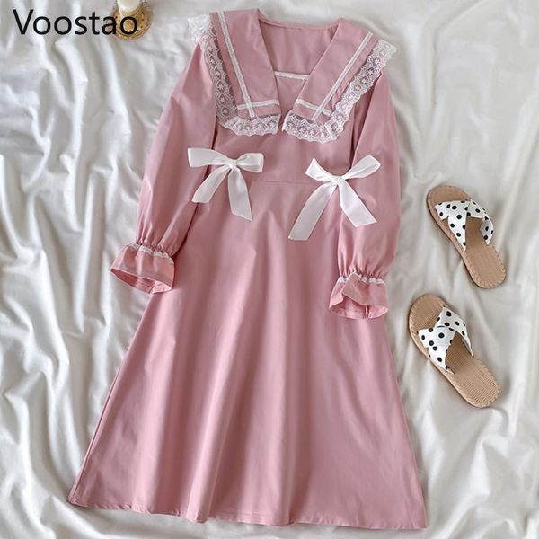 

casual dresses spring autumn vintage sweet lolita style princess dress women cute lace sailor collar bow party girly harajuku vestidos, Black;gray