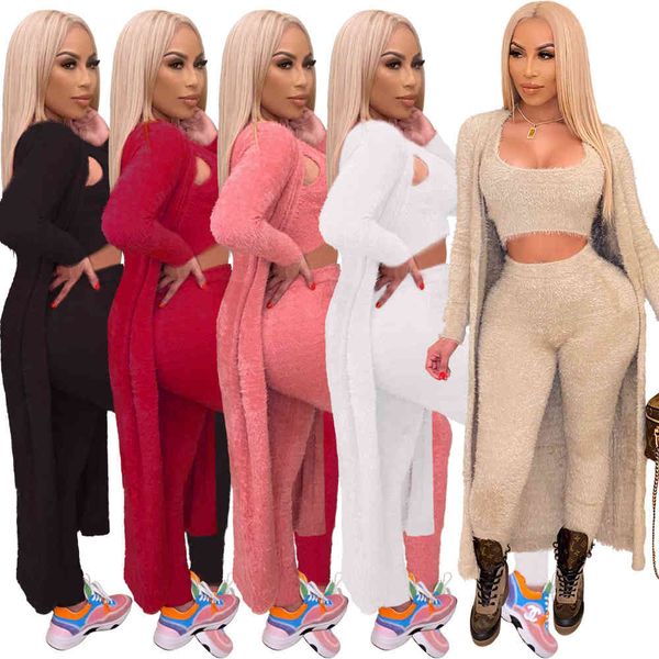 

winter warm fuzzy furry gym sweater 3 piece pants set women leggings wear fitness long sleeve cardigan suit, Gray