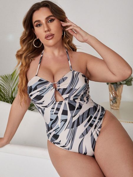 

allover print halter one piece swimsuit w4lj#, Black