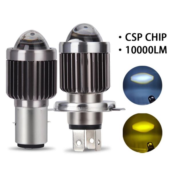 

car headlights 1pcs led moto headlight bulb h4 ba20d 15w 10000lm csp chips lens white and yellow hi lo scooter accessories fog lights 12v