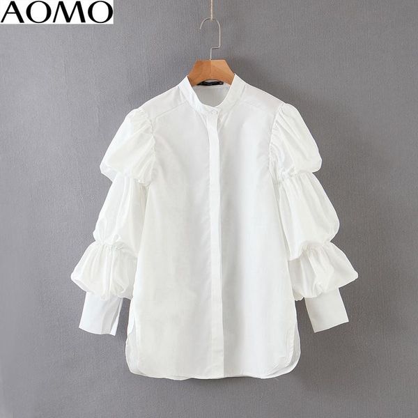 

women's blouses & shirts aomo fashion women retro white puff long sleeve solid o-neck elegant office ladies work wear qb135a