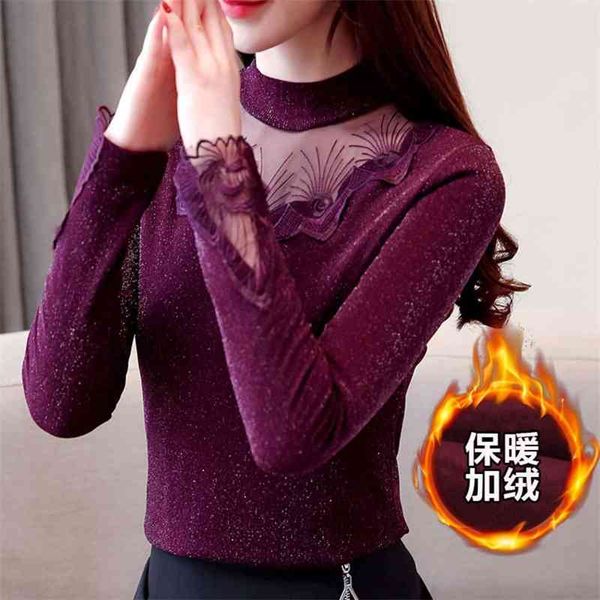 

women's blouses & shirts 6tthin / half high collar plush long sleeve lace korean base coat large size thickened small shirt in autumn a, White