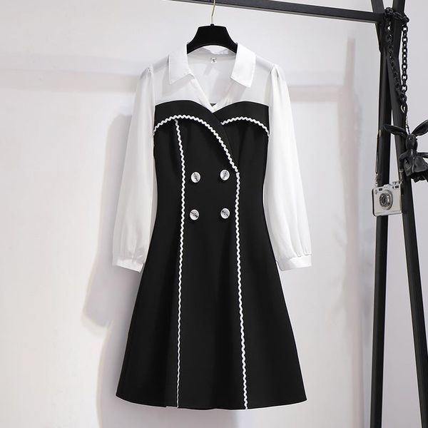 

casual dresses [ewq] 2021 autumn winter female loose turn down double breasted long sleeve minimalist patchwork chiffon dress 8q483, Black;gray