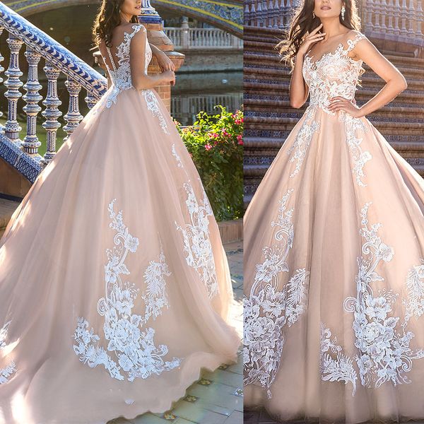 Abiti da sposa bellissimi di lusso Abito senza maniche in pizzo con applicazioni Abito da sposa con scollo a V su misura con paillettes